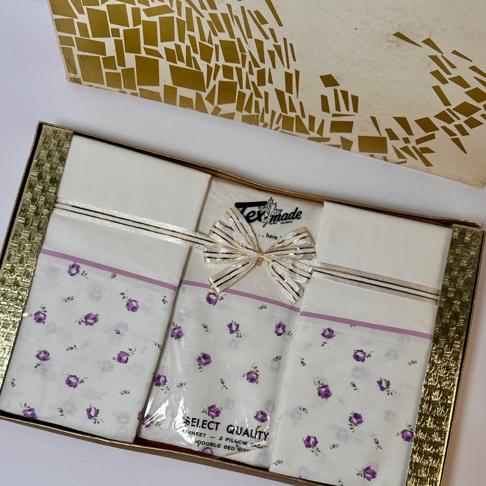 Vintage Tex-Made Double Sheet Set Purple Roses Made in Canada NIB